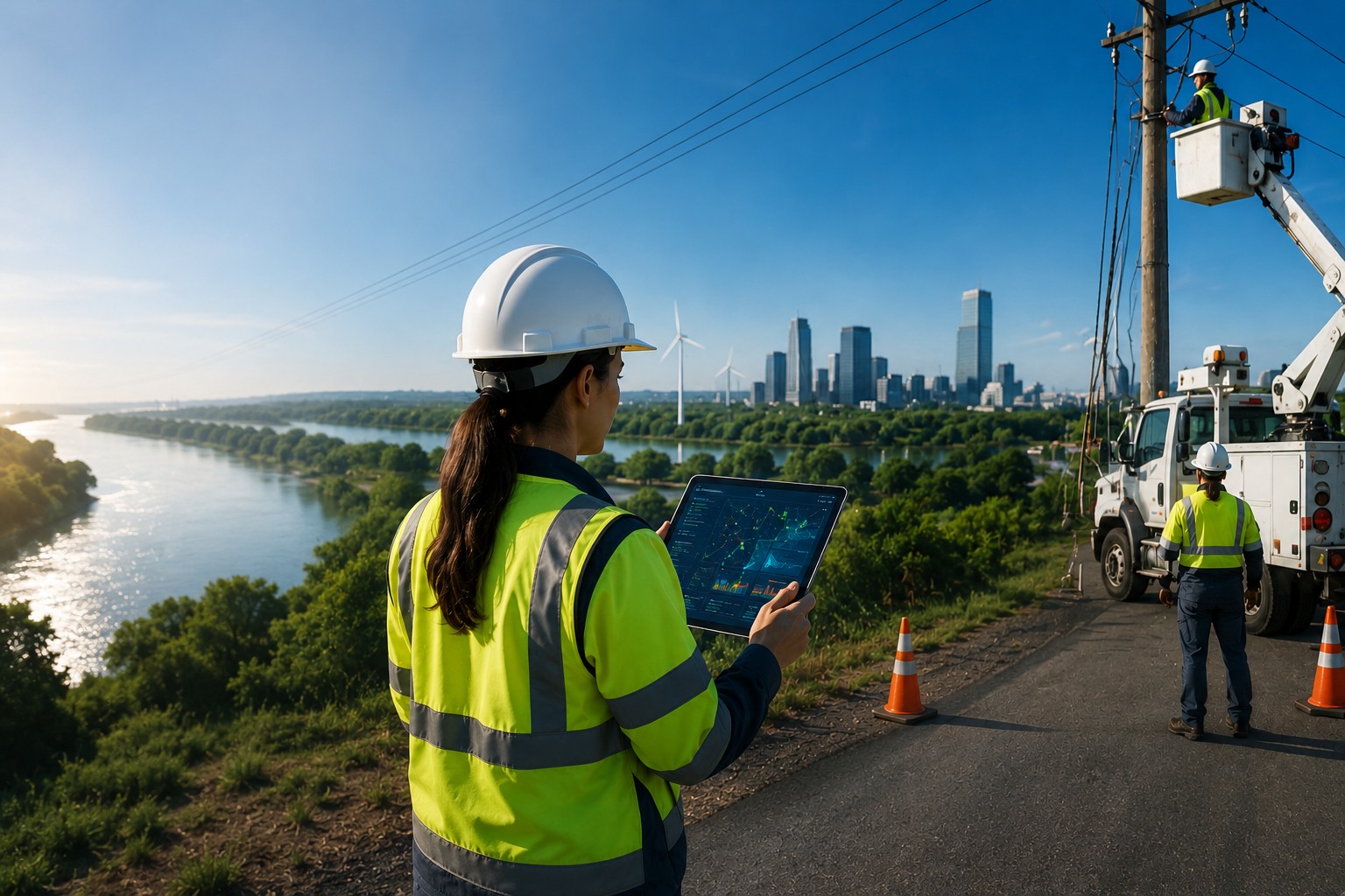 Utility professionals using digital mapping technology near an urban power corridor